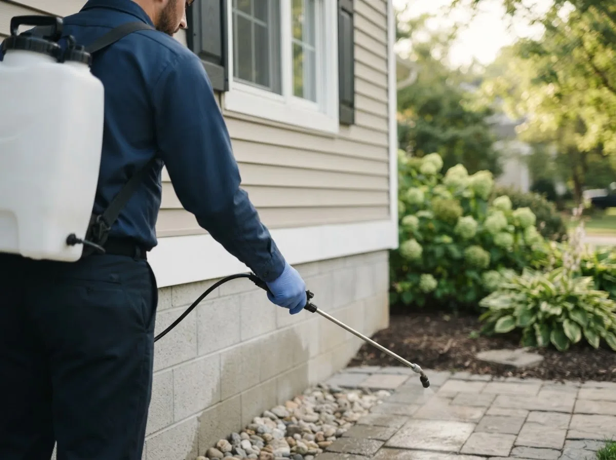 Pest control technician inspecting a home in Republic, MI